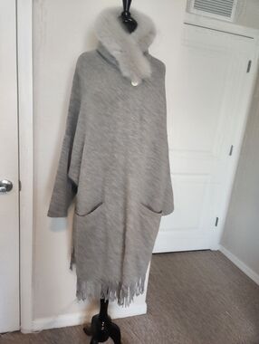 Women's Gray Fringe Poncho with Faux Fur Collar